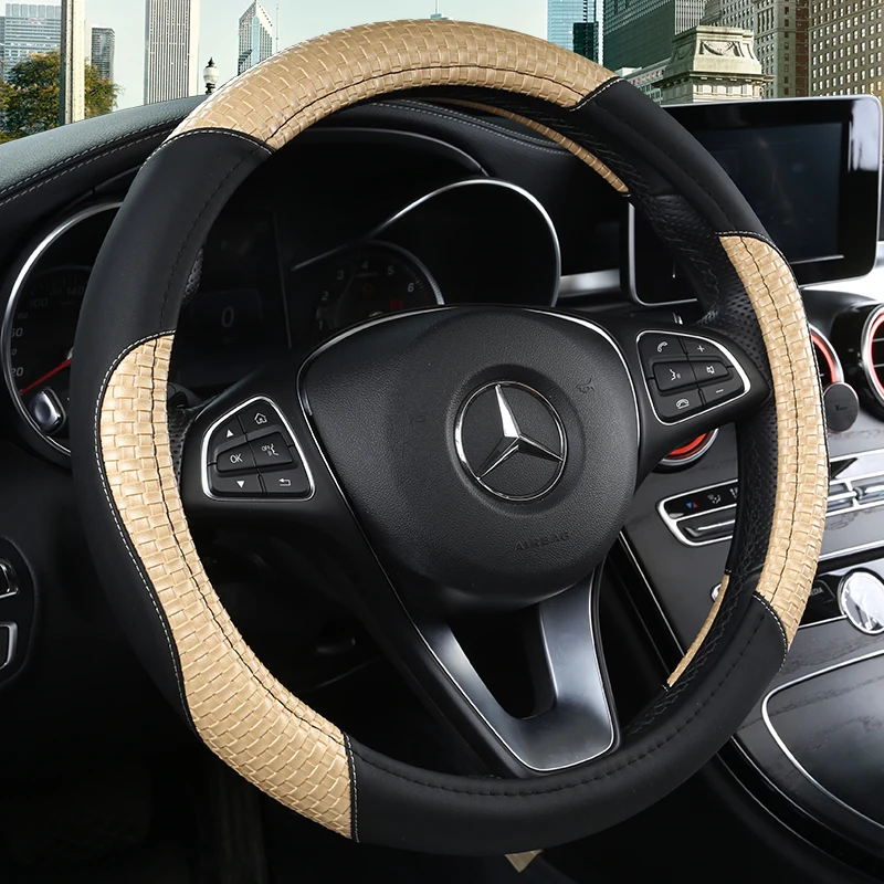 

KKYSYELVA PU Leather Universal Car Steering-wheel Cover 38CM Car-styling Sport Auto Steering Wheel Covers Anti-Slip