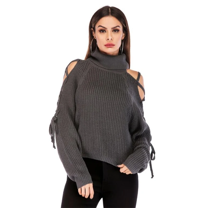 

IANLAN Fashion Womens Turtleneck Sweater Sexy Strapless Knitwear Casual Lone Sleeve Pullover IL00476