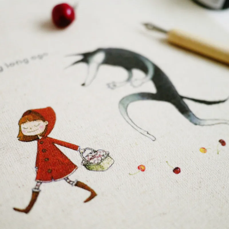 

Zakka Multiple-Use Cotton Linen Fabric Hand-Painted Dyed THE LITTLE RED RIDING HOOD Home Decor Paintings/Placemats