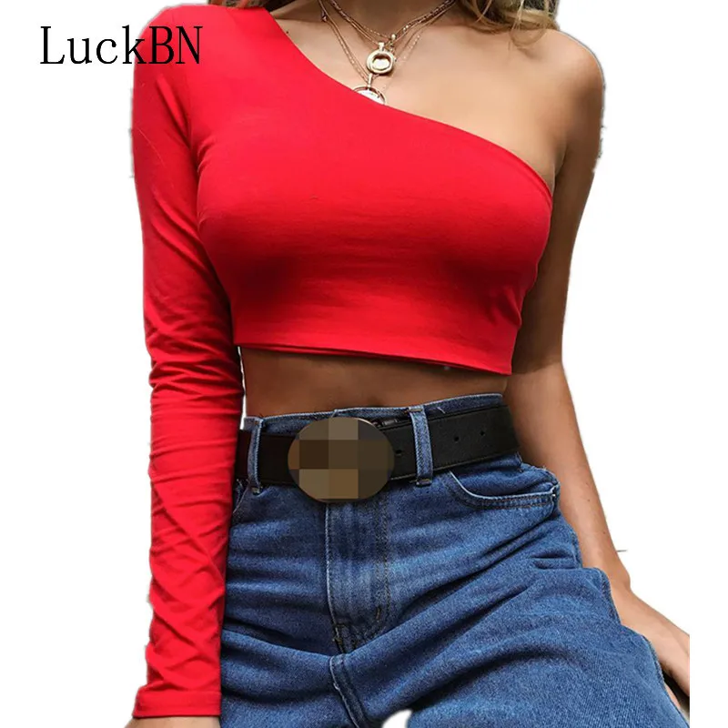 

Sexy One Off Shoulder T-Shirt Women Bodycon Slim Short T Shirt autumn 2019 Solid Fashion Women Tshirt Long Sleeve Bustier Top