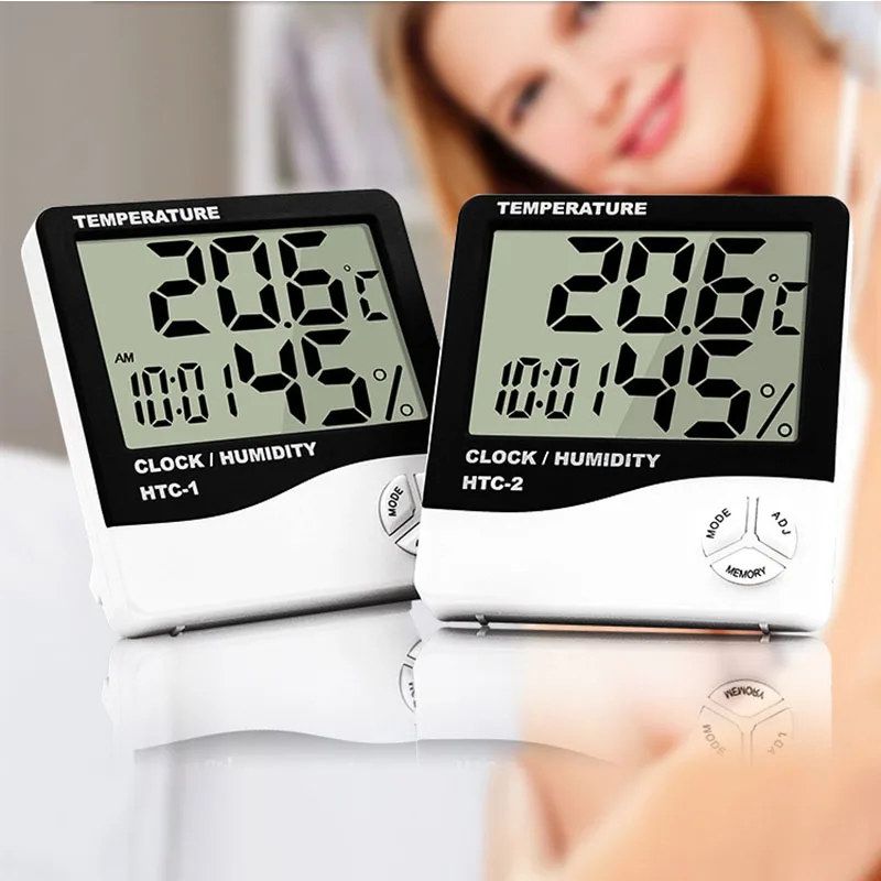 Indoor Room LCD Electronic Temperature Humidity Meter Digital Thermometer Hygrometer Weather Station Alarm Clock HTC-1