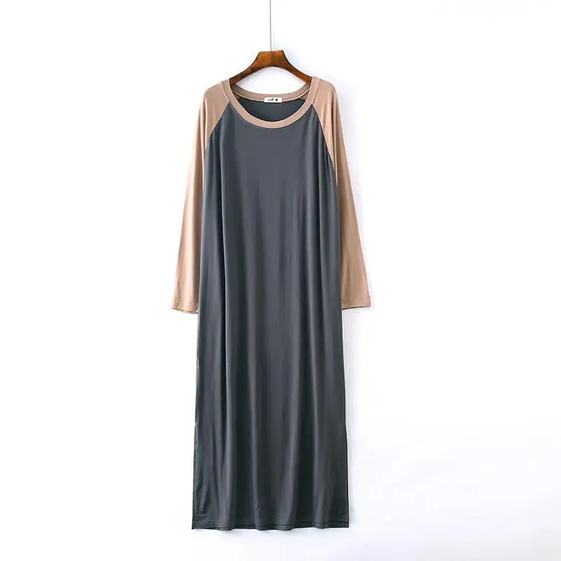 Модальный длинный рукав, платье для сна на весну и лето, разноцветное свободное ночное белье, пэчворк, круглый вырез, домашний халат - Цвет: Dark Grey