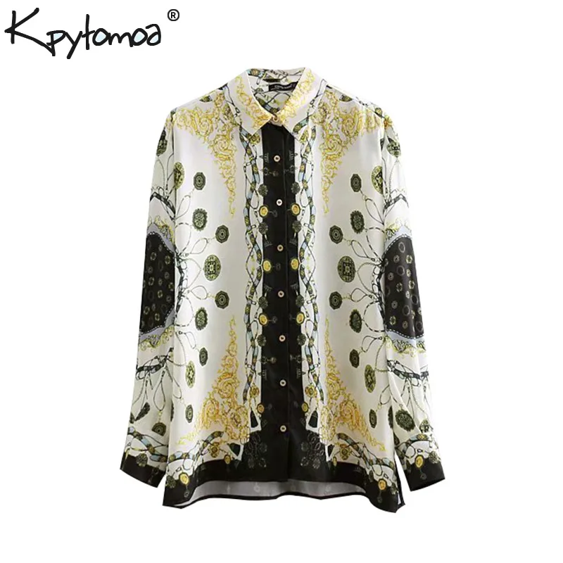  Vintage Stylish Chains Print Loose Tops Women Shirts 2020 Fashion Lapel Collar Long Sleeve Ladies B