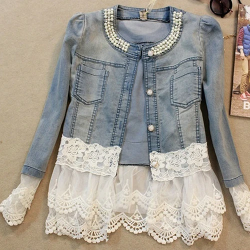 Lady Lace Stitching Denim 3 4 Sleeve Slim Imitation Pearl font b Jacket b font Coat