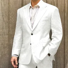 ANNIEBRITNEY белые льняные мужские костюмы, повседневный смокинг, приталенный Летний Пляжный Свадебный Блейзер жениха, индивидуальный костюм для мужчин