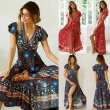 Винтаж Кардиган талии платья для женщин Цветочный одежда с коротким рукавом Boho Макси платье с длинным разрезом