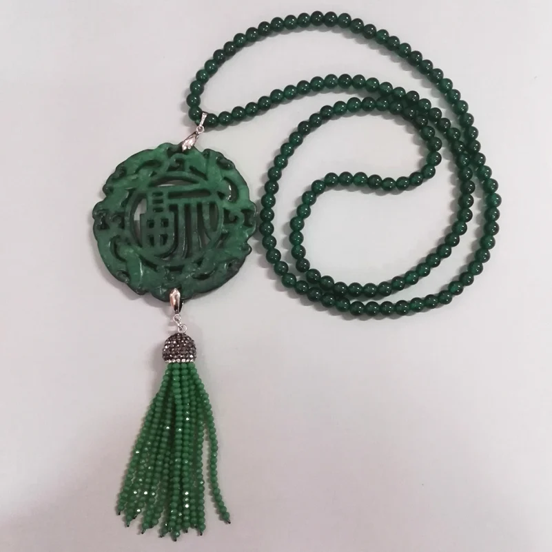 

Vintage Asia Ancient Sculpture Carving Art Pattern Dark Green Semi Precious Onyx Beads Stone Tassel Pendant Necklace DIY Jewelry