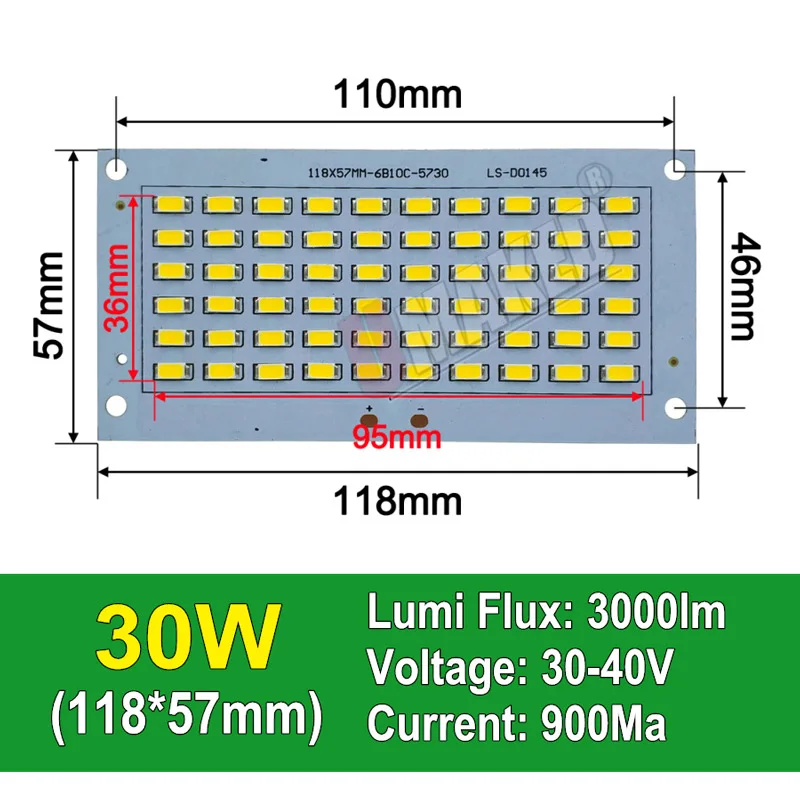 Полностью мощный светодиодный прожектор PCB 20 Вт 30 Вт 50 Вт 70 Вт 100 Вт SMD5730 светодиодный PCB плата, алюминиевая пластина для Светодиодный прожектор - Испускаемый цвет: 30W  118x57mm