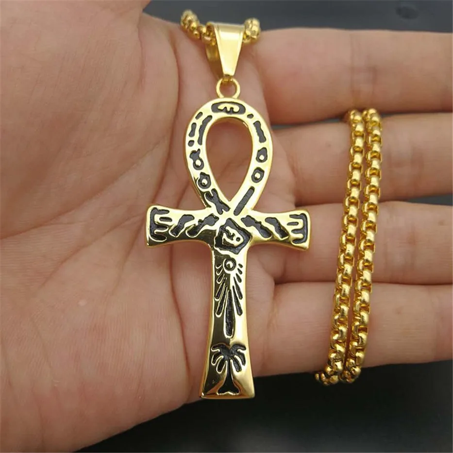 Mystical Egyptian Ankh Cross Pendant Necklace For Men Gold Color