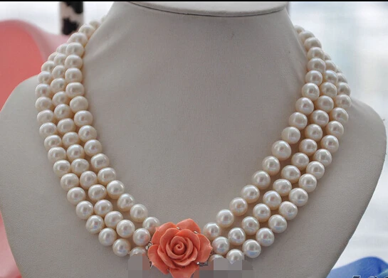 

huij 001650 3strands 9-10mm white round freshwater pearl necklace