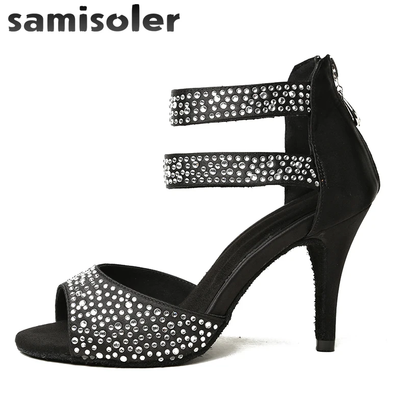 

Samisoler Latin Dance Shoes Women with Black Satin tango jazz Salsa Rhinestone Shoes Dance For Women Ballroom Dancing Shoes Hig