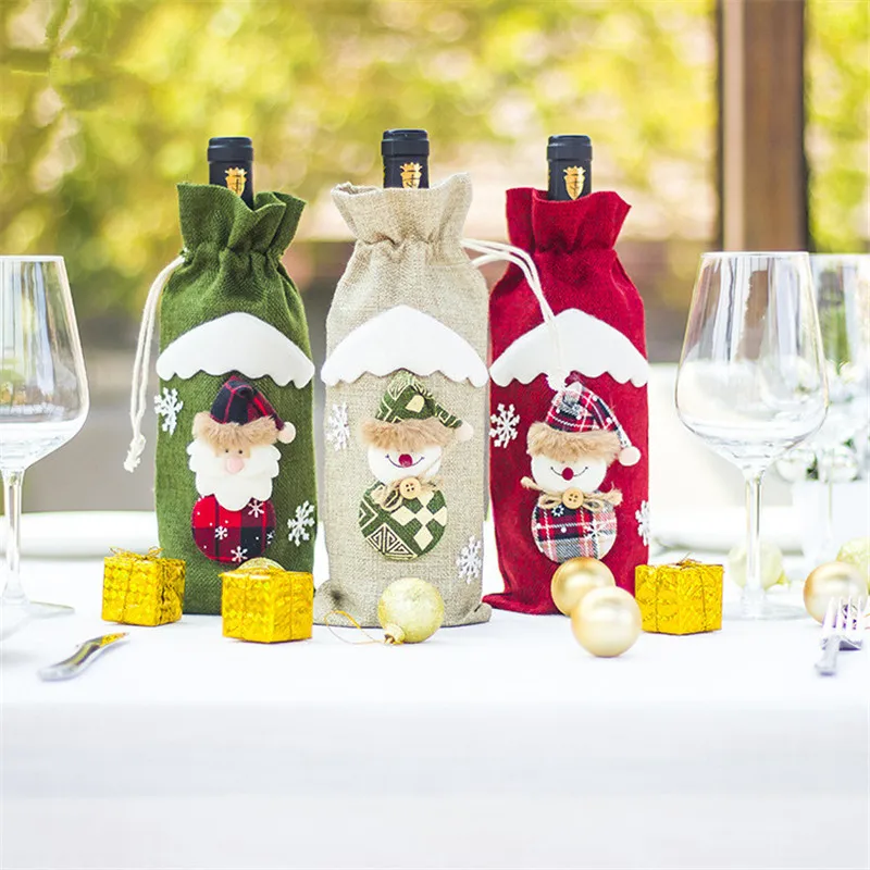 

Christmas Wine Bottle Cover Bag Drawstring Santa Deer Home Kitchen Decoration Ornament Gift Lovely Dinner Decor Cartoon Gift Bag