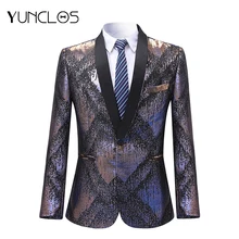 YUNCLOS Blue Business Men Suit Jackets Stripe Print Singer Stages Blazers Suit Jackets Wedding One Button Men Suit Jackets