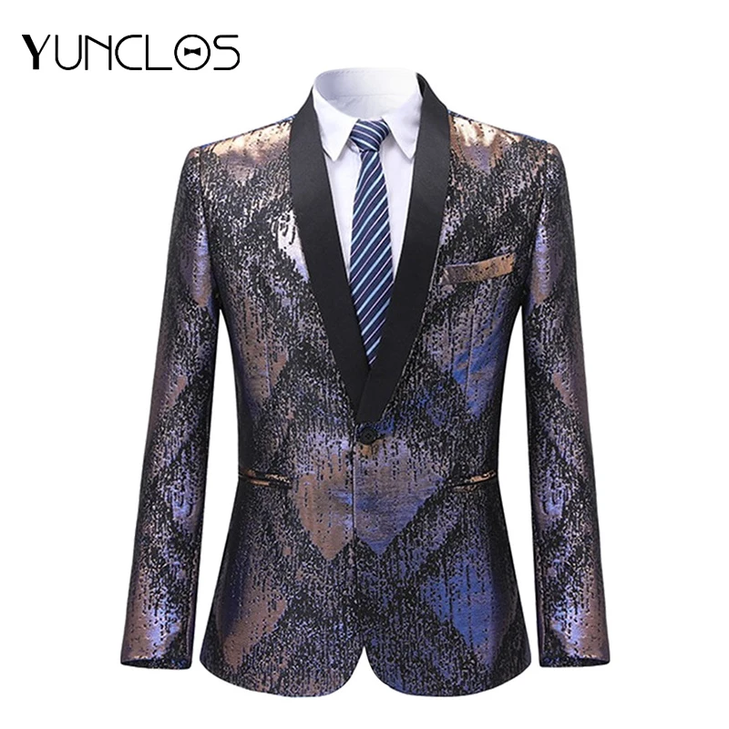 

YUNCLOS Blue Business Men Suit Jackets Stripe Print Singer Stages Blazers Suit Jackets Wedding One Button Men Suit Jackets