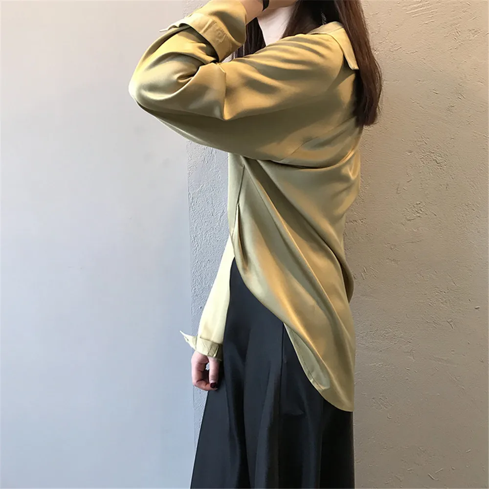 High quality Imitation Silk Blouse 2019 All Match Women Satin Blouses Office Long Sleeves Femme V Neck Loose Street Shirts 0322 (24)