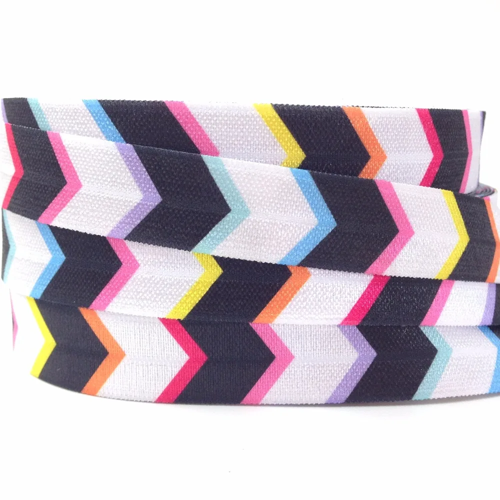 

10 yards Hot Sale Chevron Print Fold Over Elastic 5/8" Good Quality Heat Transfer Print Rainbow Arrow Print FOE for DIY Headwear