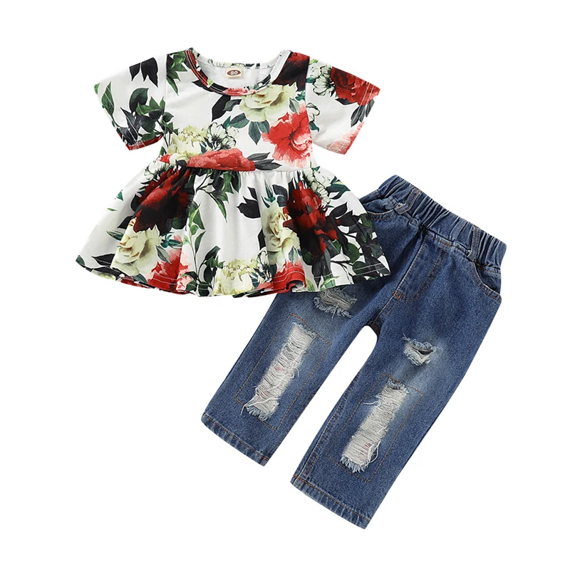 

TELOTUNY Girls Clothes Summer Baby Girls Floral Crop Tops+Hole Denim Pants Jean Toddler Kids Clothes Sets Teen Girls Clothing G8