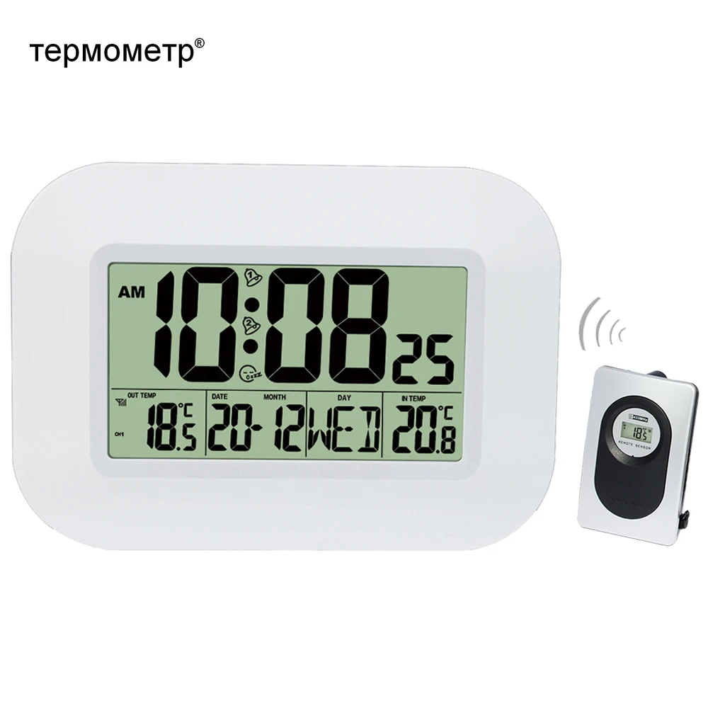 

Big LCD Digital Wall Clock Thermometer Indoor w/ Outdoor Temperature Transmitter Radio Controlled Alarm Clock RCC Table Calendar