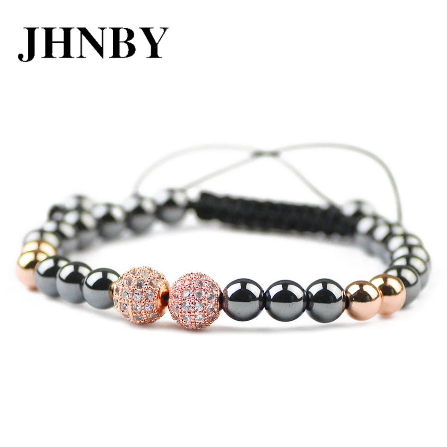 JHNBY мяч 6 мм Hematite бусы мужские Подвески браслет мозаика CZ плетеная веревка женский