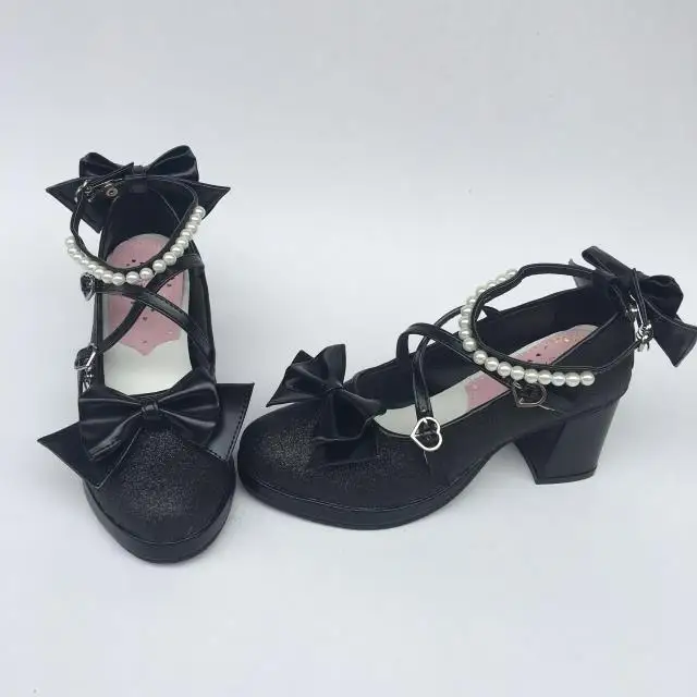 Womens-Shiny-Black-Silver-Sequin-Pumps-Bow-Strap-Cross-Pearl-Ankle-Strap-Princess-Lolita-Shoes-Custom-Tailor-Available- 17