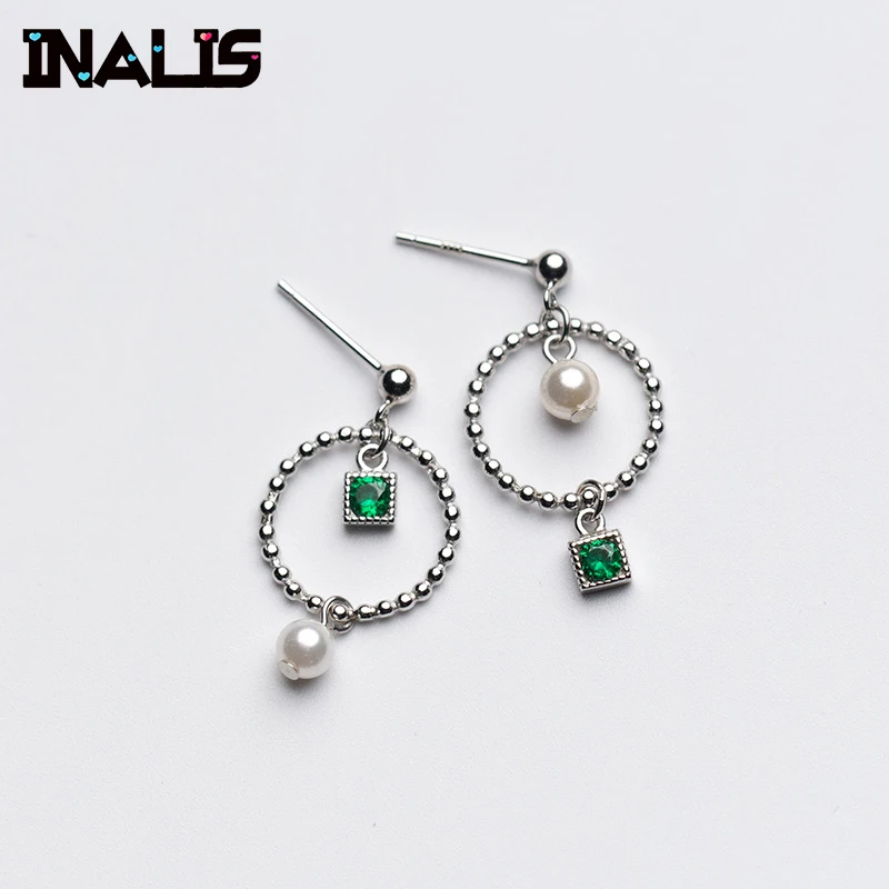 

INALIS Statement Drop Earrings S925 Sterling Silver Round Circle Dangle with White Pearl Emerald CZ Crystal Brincos for Women