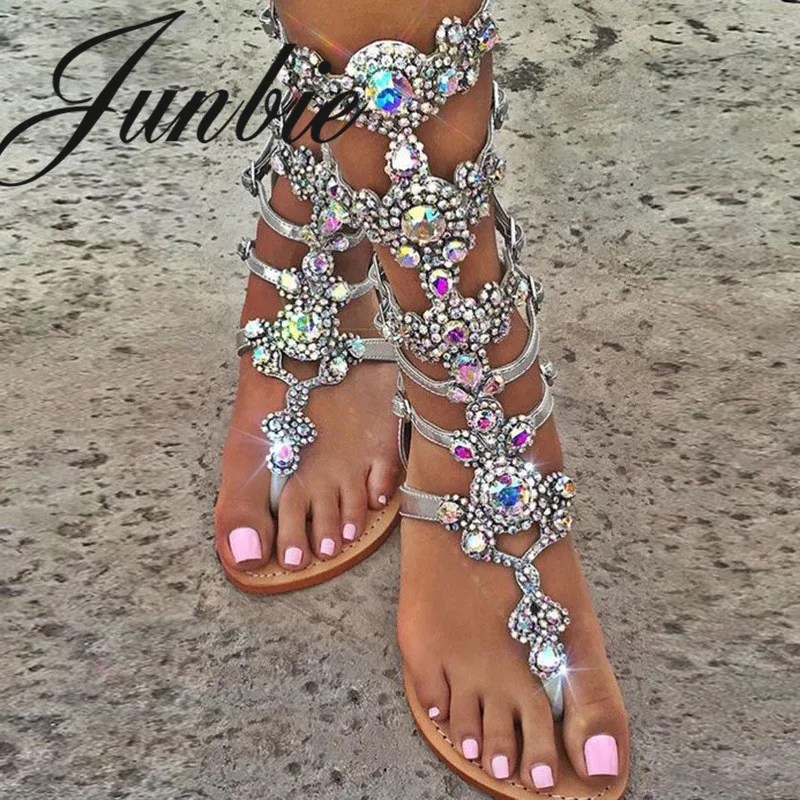 

JUNBIE New Sexy Open Toe Buckle Strap Women Spring Summer Sandals Crystal Diamond Flats Sandals Shoes Women