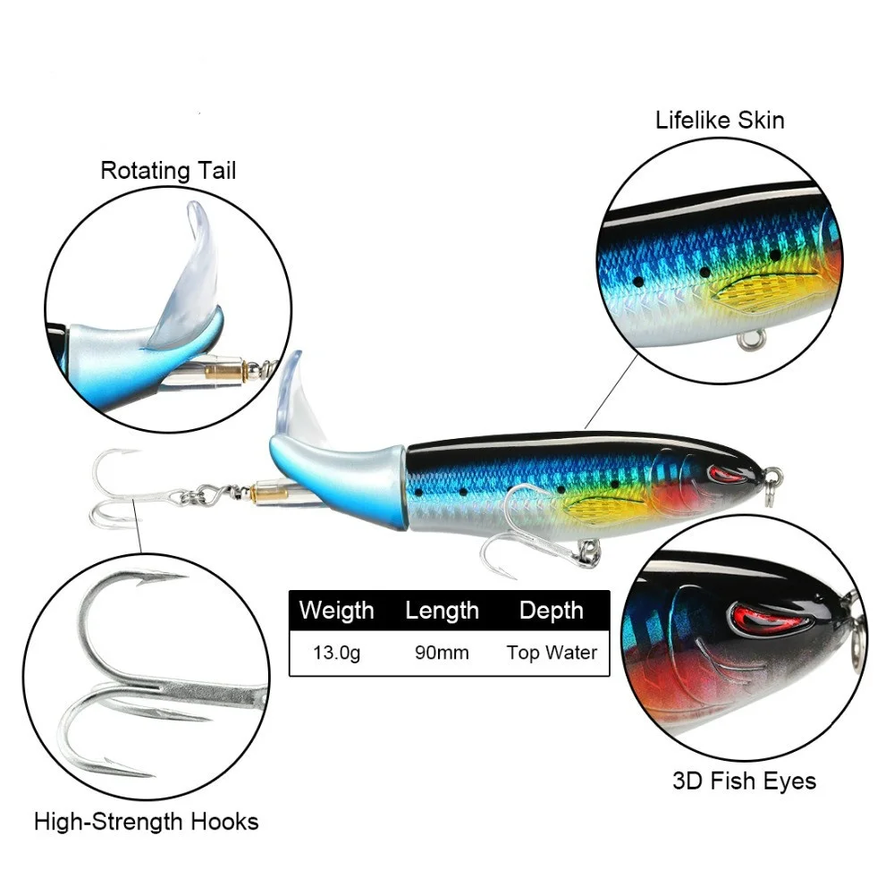 FDDL Ваппер Plopper 1 шт Рыбалка заманить 13g 90 мм Topwater вращающихся Хвост Крючки vmc
