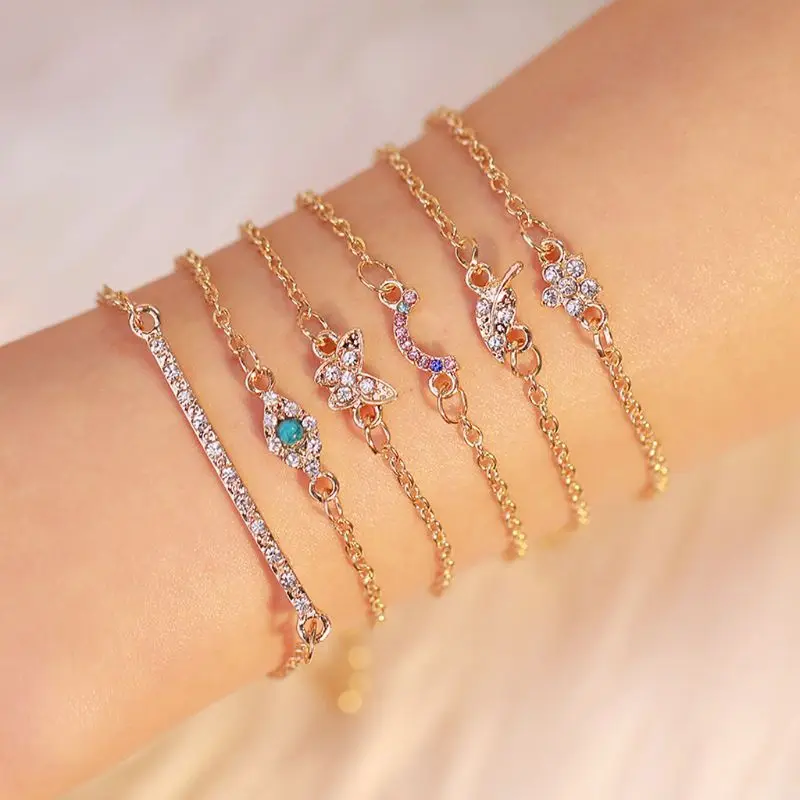 

6Pcs Butterfly Eye Star Moon Leaves Crystal Gem Bracelet Set Women Jewelry