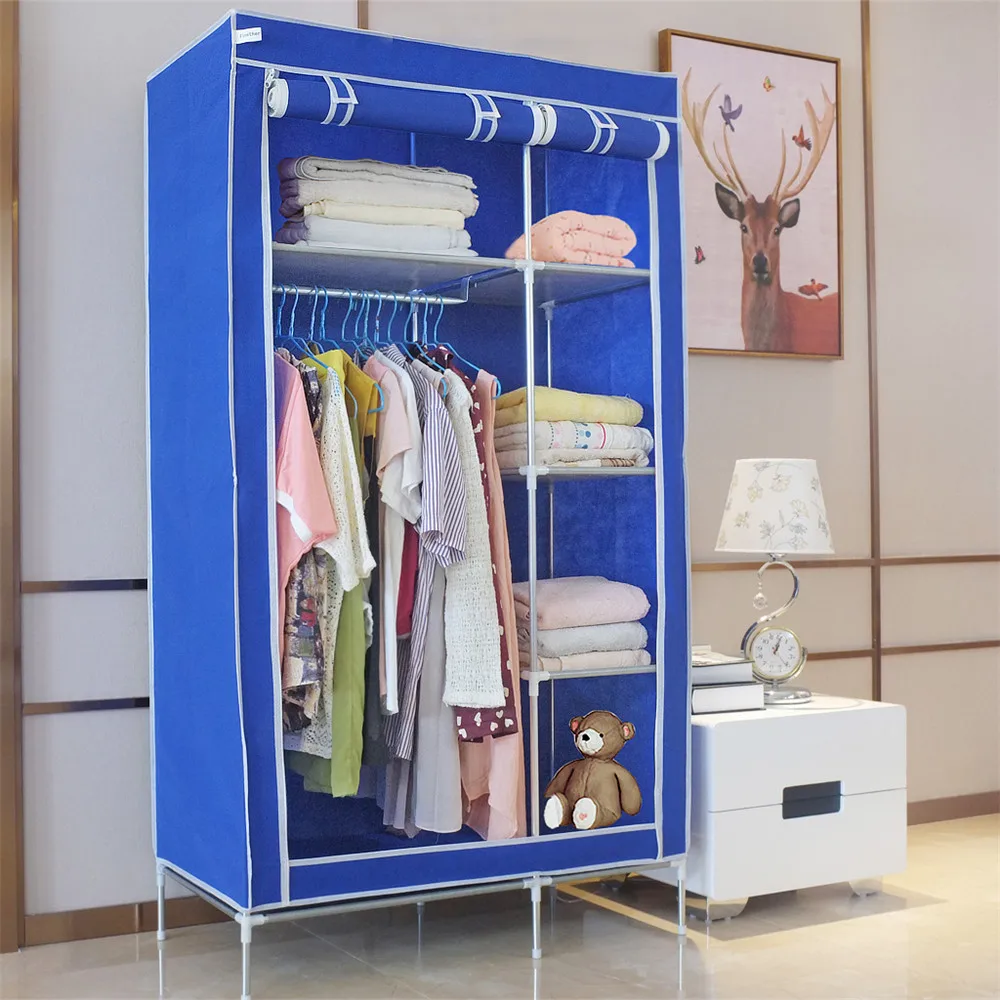 Finether высококачественный двойной модульный Тканевый шкаф в металлической рамке, полки для одежды органайзер Висячие рельсы Шкаф Холст-синий