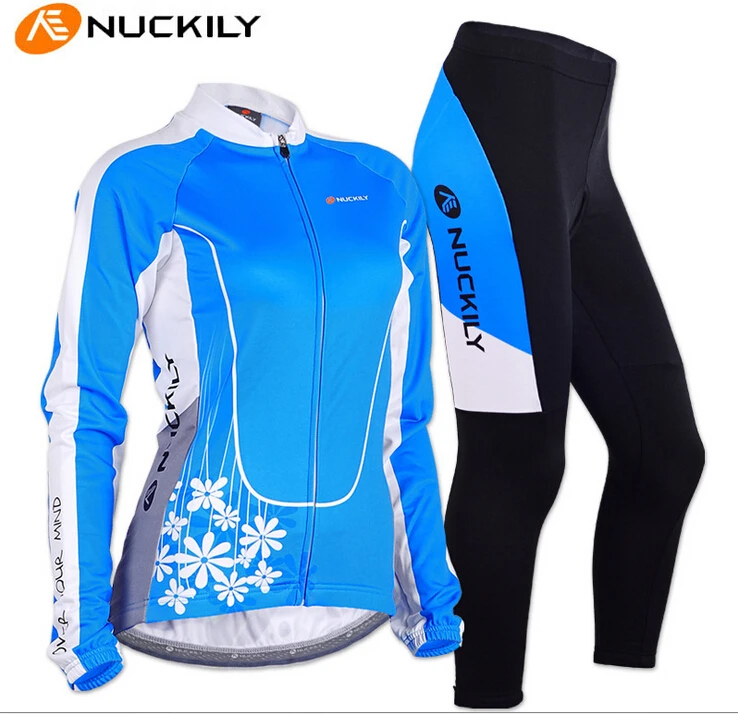 

NUCKILY Winter Womens Cycling Sets Fleece Bike Jerseys Long Sleeve Warm Fabric Breathable Bicycle Clothings Blue Color Ciclismo