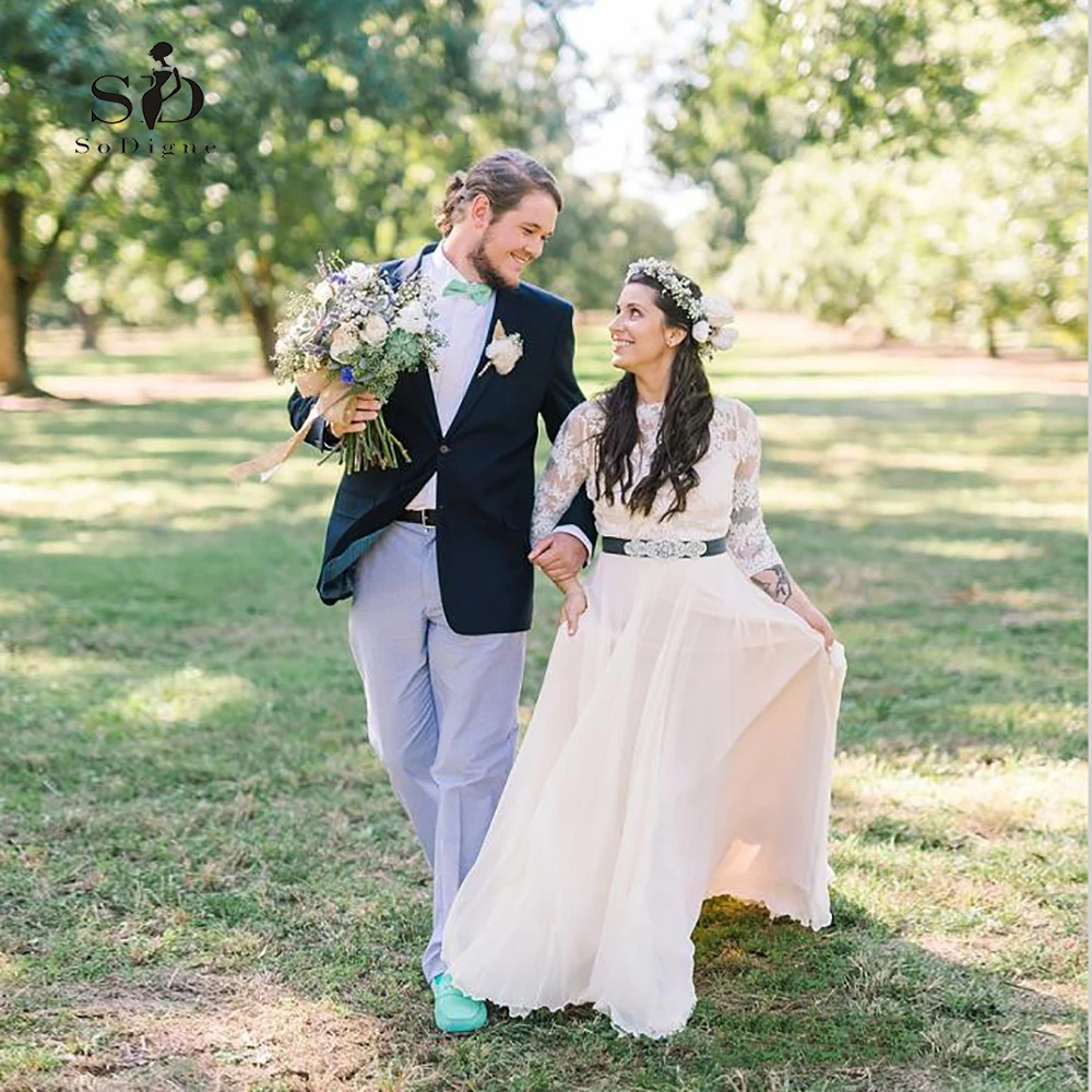 

Beach Lace Wedding Dress 2018 Plus size Simple Chiffon Dress with Sashes V-back Romantic Bridal Dress Hot sale