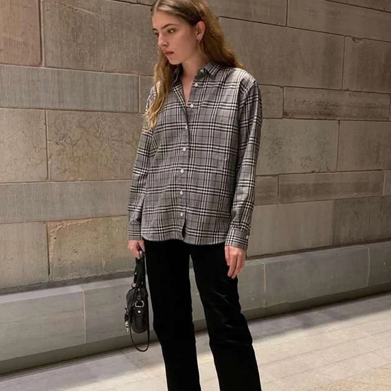 

women shirt 2019 new Nordic style gray plaid embroidered cotton shirt