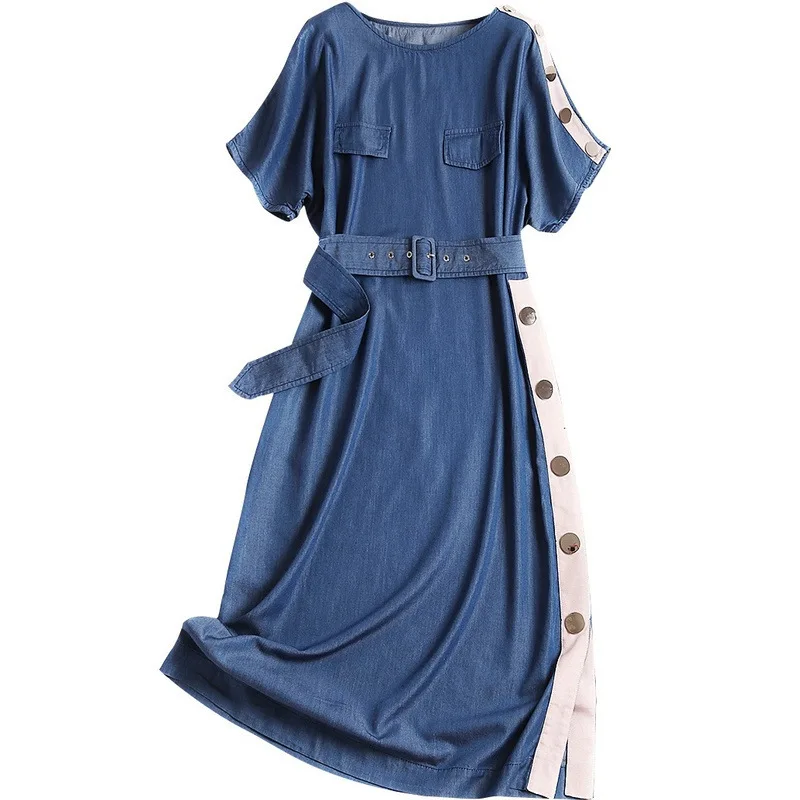 Shuchan New 2019 Fashion Summer Denim Dresses Women Short Sleeve Casual Straight Dresses Button Mid-calf Designer Clothing 10901 Shuchan New 2019 Fashion Summer Denim Dresses Women Short Sleeve Casual Straight Dresses Button Mid-calf Designer Clothing 10901