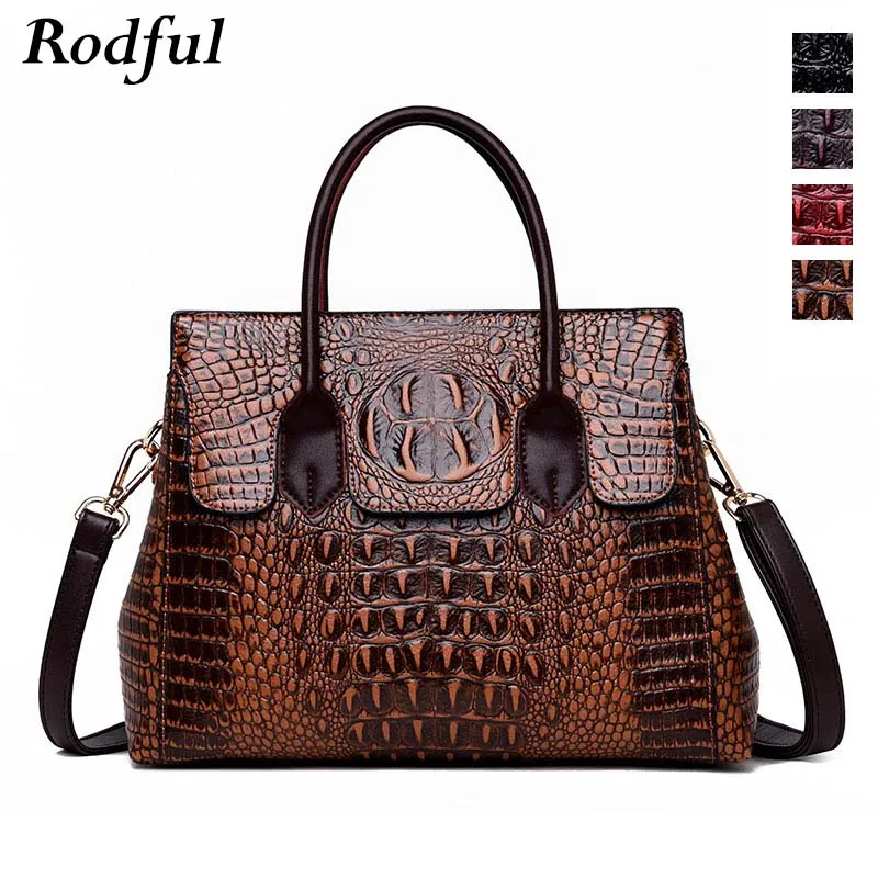 

Rodful Alligator crocodile women's handbag vintage genuine leather hand bags for women 2019 retro tote shoulder bag ladies brown