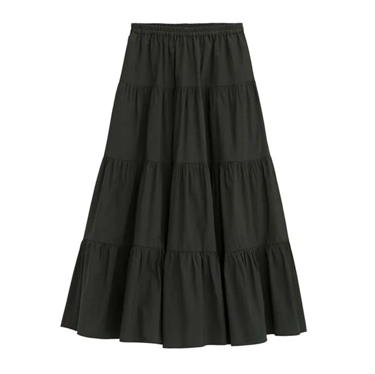 Новая Осенняя длинная хлопчатобумажная юбка, Высококачественная однотонная винтажная юбка длиной до лодыжки размера плюс, гофрированная юбка, 11 цветов, 6xl 7xl - Цвет: Черный