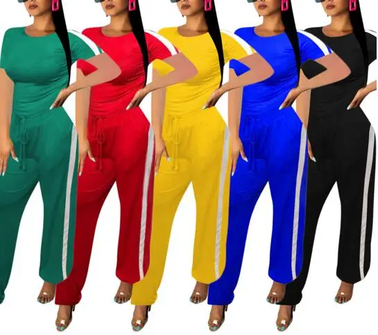 2022 women tracksuit new short sleeve stripes splicing o-neck tee top straight pants suit 2pcs set sporty outfit jumpsuit |