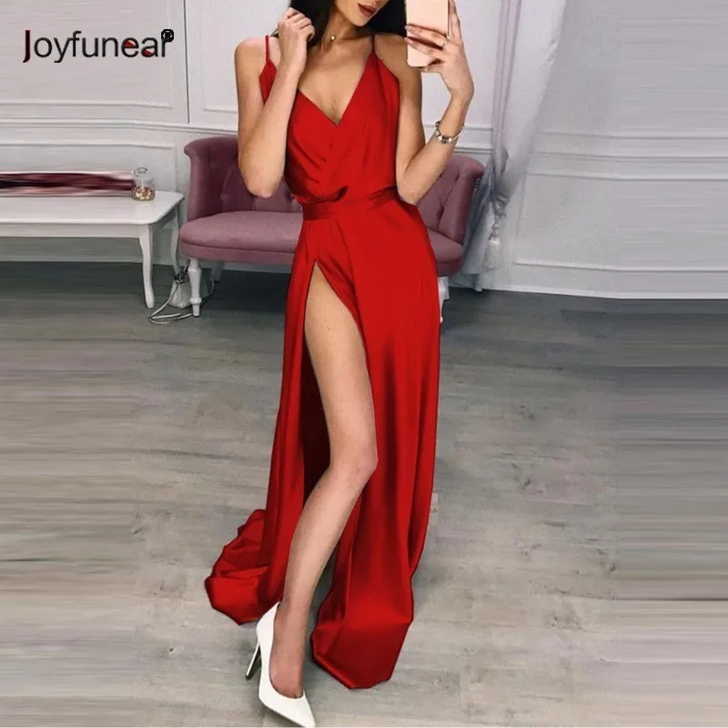 

Joyfunear Elegant Spaghetti Strap Maxi Dress Women Sexy V Neck Sleeveless Evening Party Dress Side Split Long Dresses Vestido