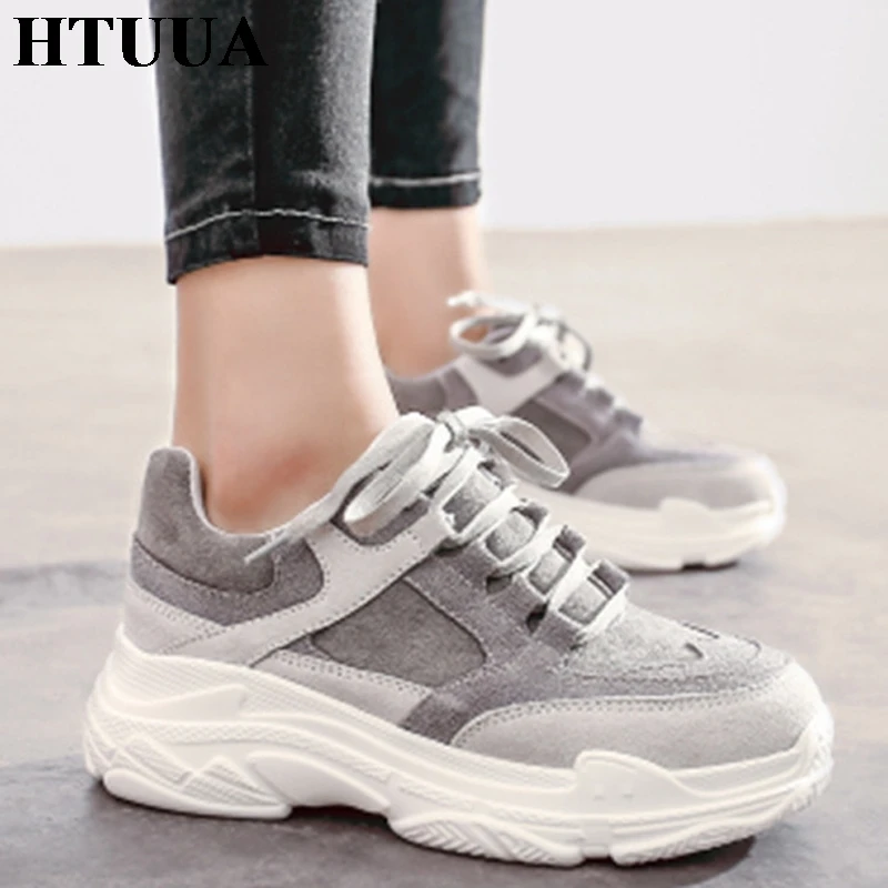 HTUUA/Новые весенние кроссовки Женская обувь на платформе и высоком каблуке