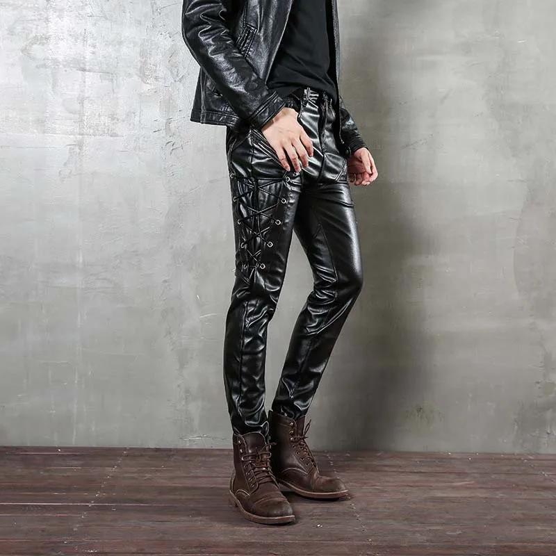 New Fashion Personality 2018 Men Pu Faux Leather Skinny Pants Motorcycles Appliqued Leather Trousers For Male Size 29-36 (3)