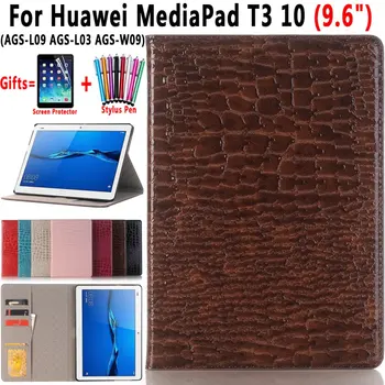 

Crocodile Pattern Leather Smart Shell Case Cover for Huawei Mediapad T3 10 9.6 AGS-L09 AGS-L03 AGS-W09 Coque Capa Funda
