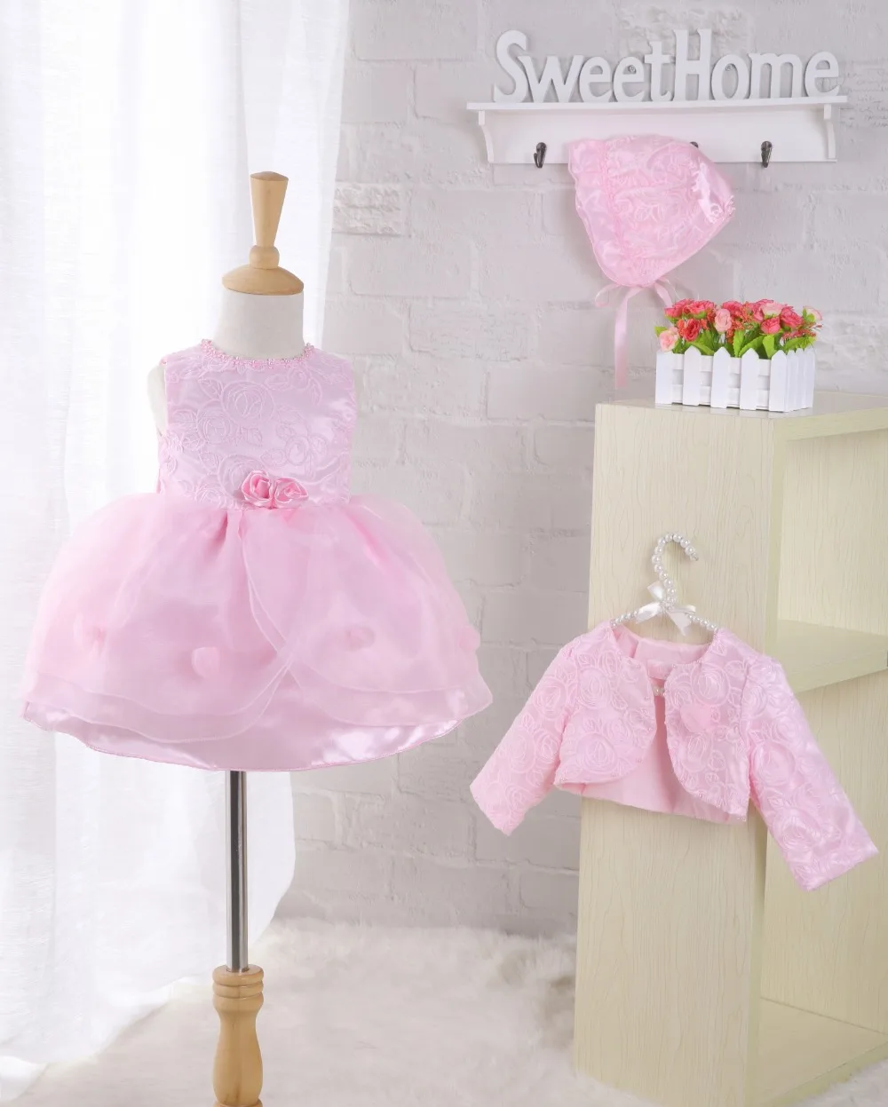 2016 autumn infant wedding dress baby party dresses + hat + coat 6 18M