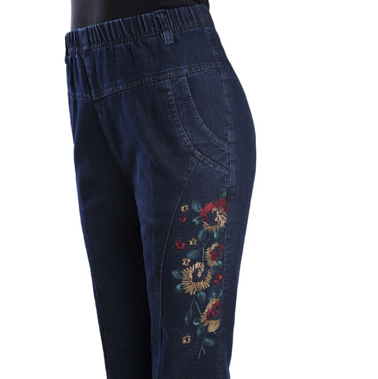 Plus Big Size Women Denim Pants Autumn Winter Middle Age Mother elastic waist Slim Pencil Long