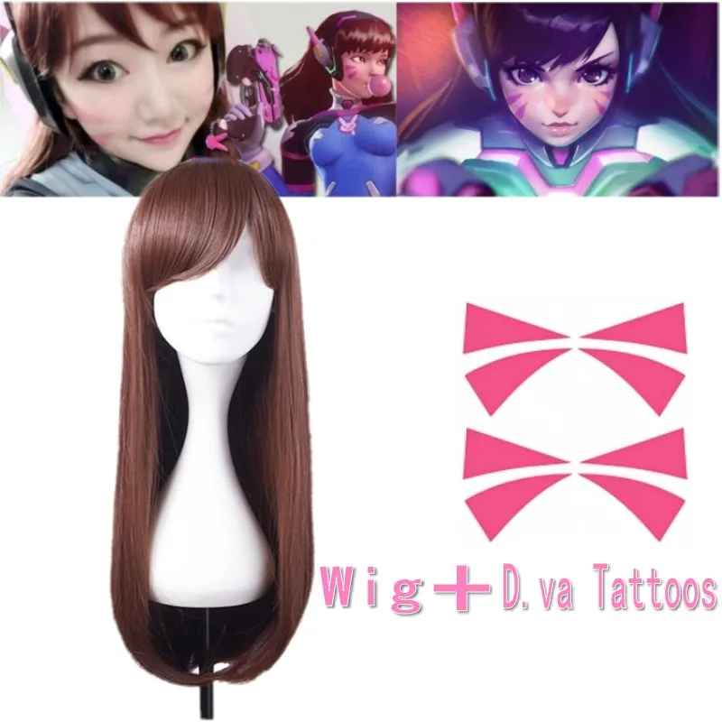 Парик для косплея из игры OW DVA татуировка на лицо dva боди арта парик Д. Ва