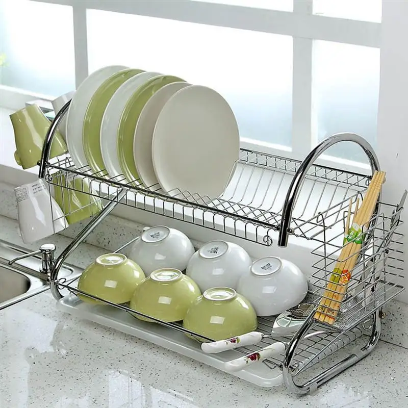

OUNONA 2 Tiers Dish Drying Rack Kitchen Knife Sink Dish Drainer Drying Rack Kitchen Dish Storage Rack Tray Cutlery Holder Basket