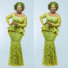 Aso Ebi стиль Желтый Русалка вечернее платье с длинным рукавом Кружева нигерийские вечерние платья большого размера модные африканские платья для выпускного вечера