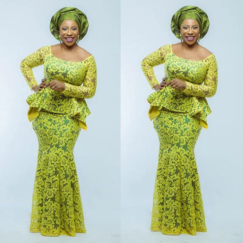 Aso Ebi Style Yellow Mermaid Evening Dress Long Sleeve Lace Nigerian 