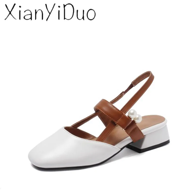 Xianyiduo летний Повседневное женская обувь сандалии белый квадратный носок с закрытым носком на среднем каблуке Большие размеры 34–43/h29 - Цвет: Белый