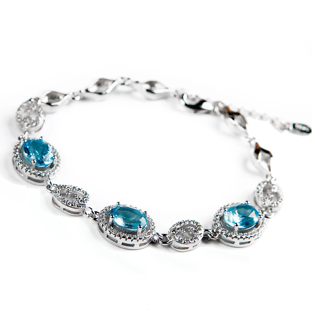 

Genuine Natural Natural Blue Topaz Crystal 12x10mm Clear Beads 925 Sterling Silver Woman Men Topaz Bracelet AAAAA Healing Stone