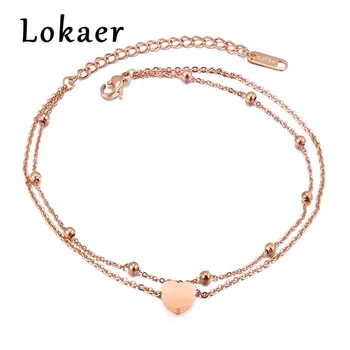 Lokaer New Fashion Double Layer Stainless Steel Heart Charm Anklets For Women Rose Gold Color Leg Bracelet Foot Jewelry LGZ039
