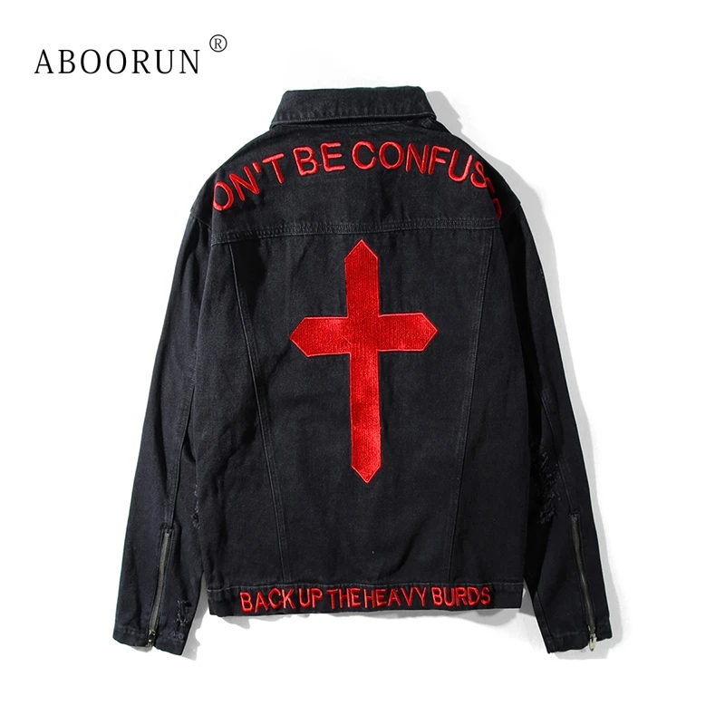 Koop ABOORUN Hip Hop mannen Denim Jassen Cross Borduren Gedrukt Jassen Lente Herfst Jas Bovenkleding voor Mannelijke x460